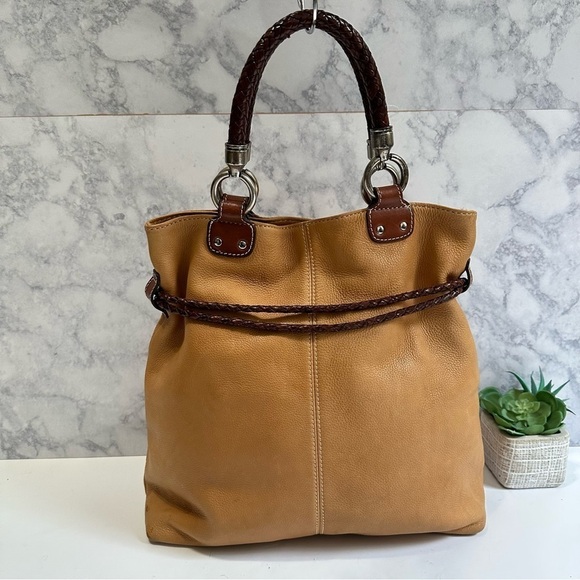 Fossil tan butterscotch leather southwestern brown braided tote shoulder handbag - Picture 2 of 11